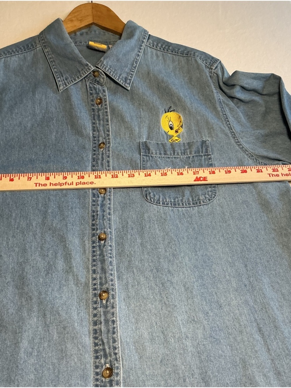 Vintage 90s Looney Tunes Tweety Bird Denim Shirt Women's 14W/16W  Button Down - Picture 8 of 13